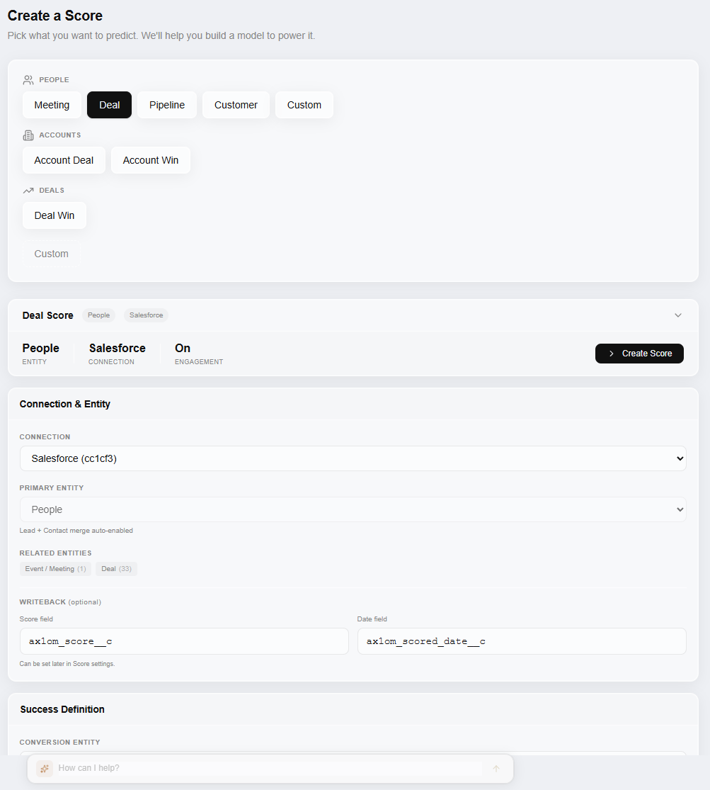 ax1om score creation wizard showing scoring intent picker (People, Accounts, Deals), CRM connection with Salesforce, primary entity selection, related entities, and writeback field configuration